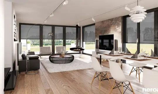 Svetla dnevna soba z jedilnico in panoramskimi okni, opremljenimi z notranjimi screen senčili Heroal za zaščito pred soncem in zasebnost.